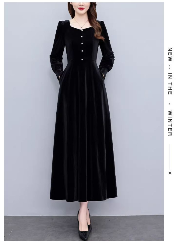 Francuski stil elegantna baršunasta haljina za jesen i zimu, ženska duga haljina s naglašenim strukom u Hepburn stilu, elegantna vintage večernja haljina.