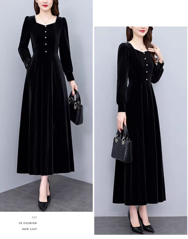 Francuski stil elegantna baršunasta haljina za jesen i zimu, ženska duga haljina s naglašenim strukom u Hepburn stilu, elegantna vintage večernja haljina.