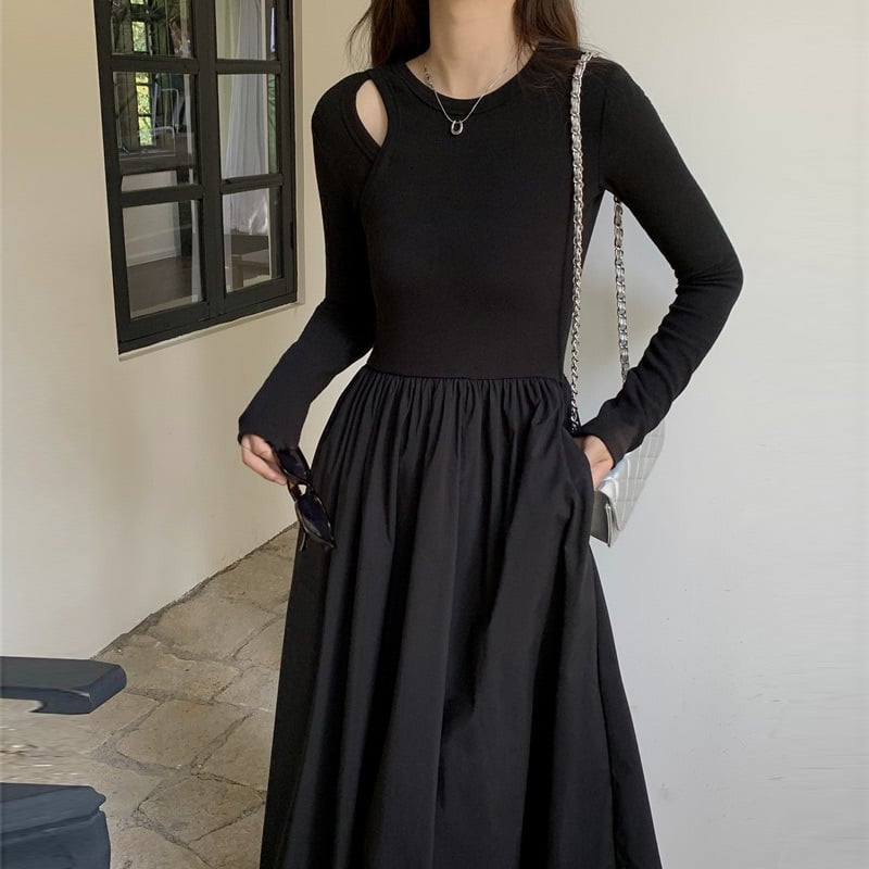 Hepburn stil crne haljine, jesen-zima 2024 kolekcija, pogodna za sitnije figure, duga haljina s A-linijom, okrugli izrez, dugi rukavi