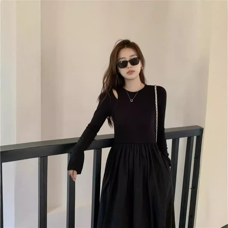 Hepburn stil crne haljine, jesen-zima 2024 kolekcija, pogodna za sitnije figure, duga haljina s A-linijom, okrugli izrez, dugi rukavi