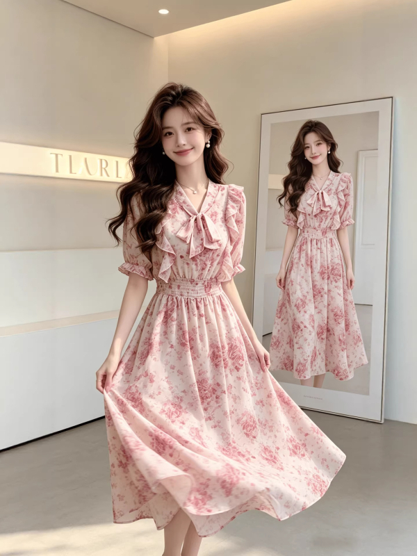 Chiffon midi haljina s francuskim cvjetnim uzorkom, naglašava struk, kratki rukav, A-kroj, nježan ženski stil