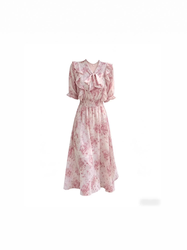 Chiffon midi haljina s francuskim cvjetnim uzorkom, naglašava struk, kratki rukav, A-kroj, nježan ženski stil