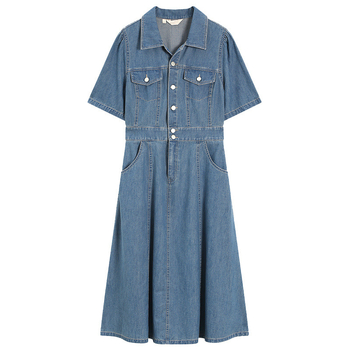 Ženska kratkih rukava denimska haljina, ljeto 2026, francuski stil, lagani luksuz, midi duljina, visoka kvaliteta