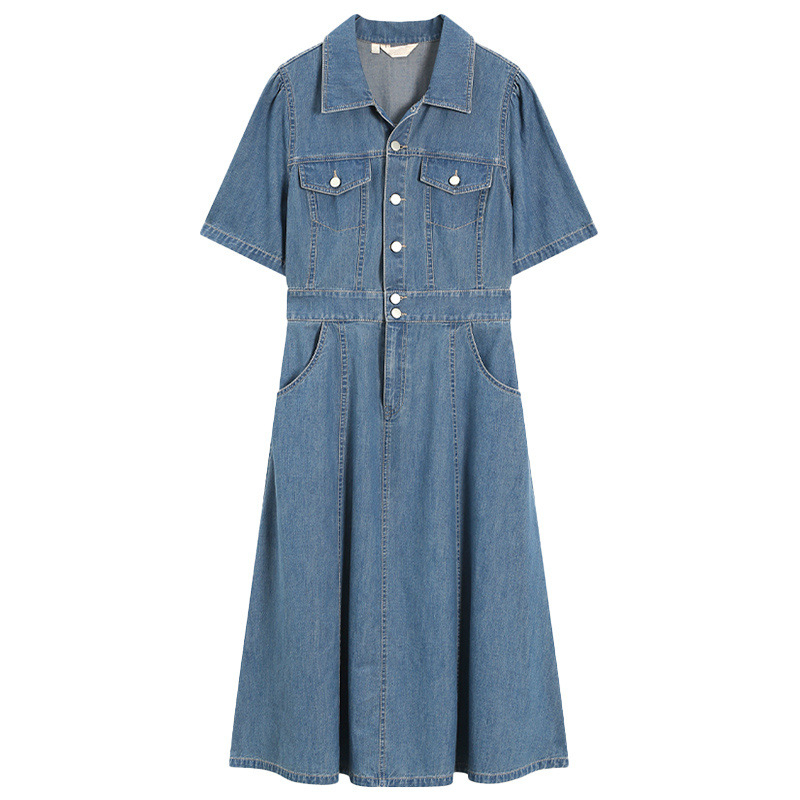 Ženska kratkih rukava denimska haljina, ljeto 2026, francuski stil, lagani luksuz, midi duljina, visoka kvaliteta