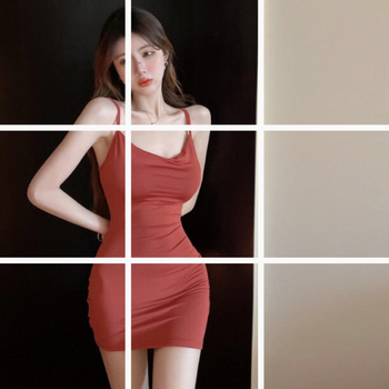 Ženska ljetna haljina s trakama, korejski stil uske linije, uski kroj, jednobojna, bodycon haljina, model 8695, ovratnik s naborom