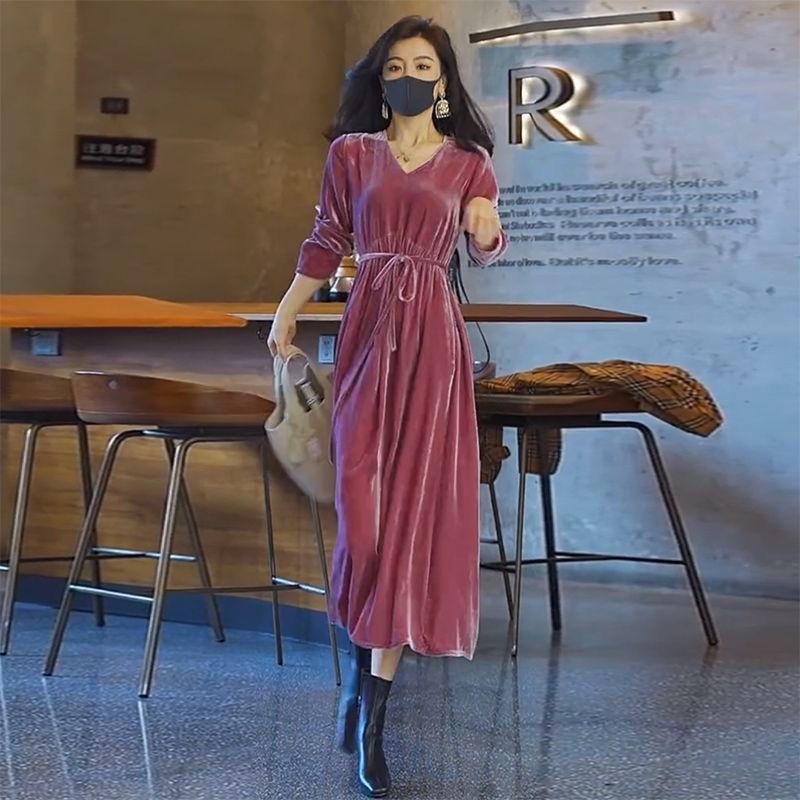 Őszi bársonyos ruha, hosszú ujjú, laza szabás, hosszú maxi ruha pluszméretű nőknek