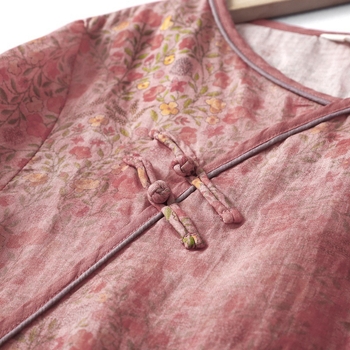 Ženska haljina u kineskom stilu od ramije, ljetno lagano pamuk-lana tkanina, qipao u puder-ružičastoj boji, sužena silueta, literarno retro nacionalni stil