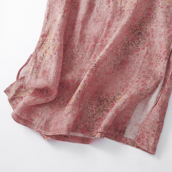 Ženska haljina u kineskom stilu od ramije, ljetno lagano pamuk-lana tkanina, qipao u puder-ružičastoj boji, sužena silueta, literarno retro nacionalni stil