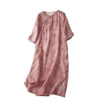 Ženska haljina u kineskom stilu od ramije, ljetno lagano pamuk-lana tkanina, qipao u puder-ružičastoj boji, sužena silueta, literarno retro nacionalni stil