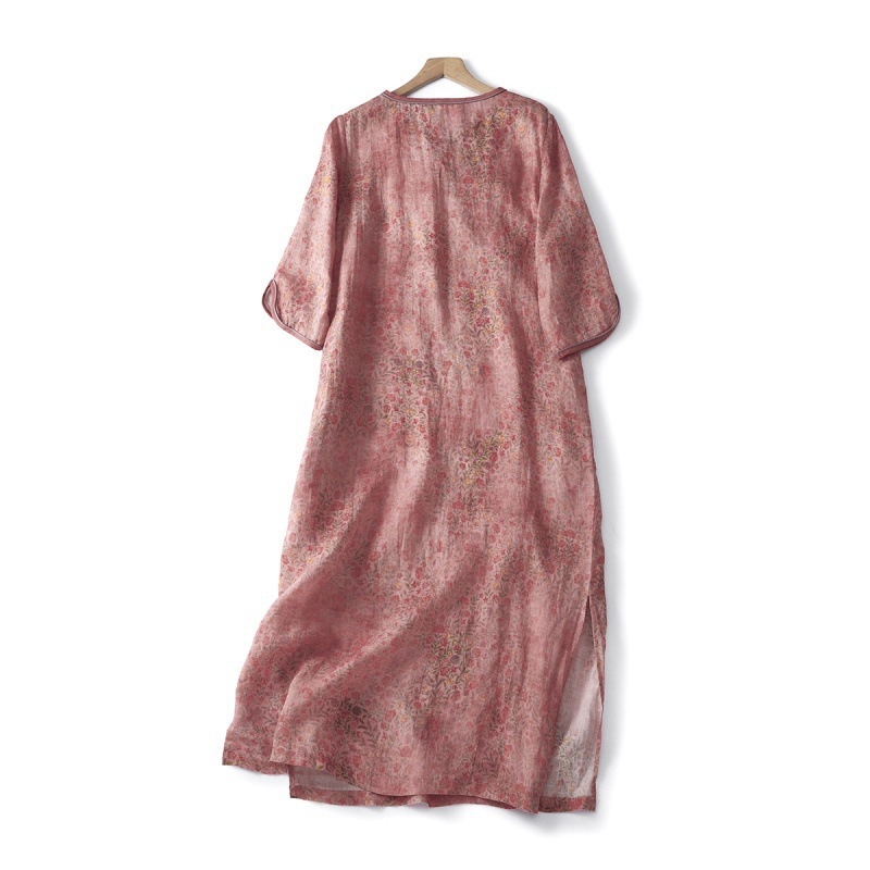 Ženska haljina u kineskom stilu od ramije, ljetno lagano pamuk-lana tkanina, qipao u puder-ružičastoj boji, sužena silueta, literarno retro nacionalni stil