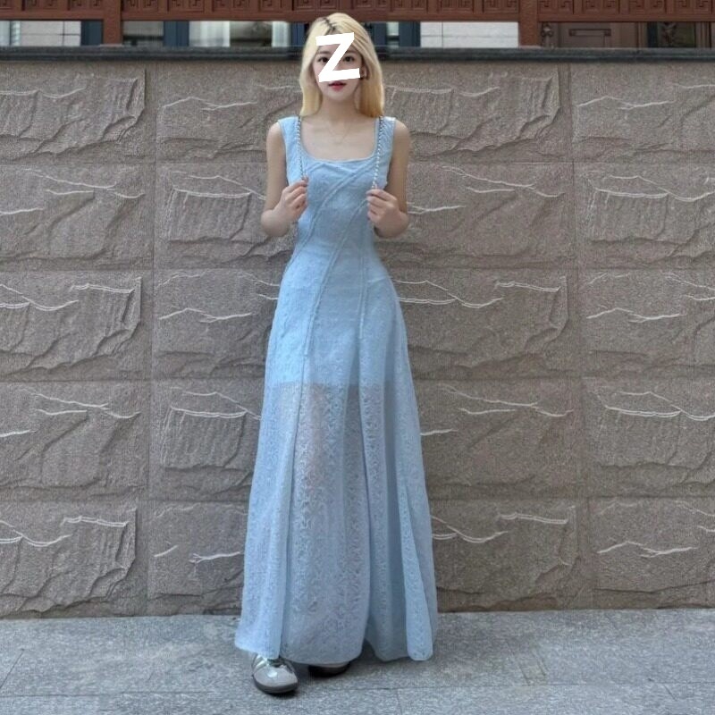 Francia stílusú kék spagetti vállú ruha nőknek, nyári hosszú A-vonalú ruha, karcsúsított derékkal, elegáns.