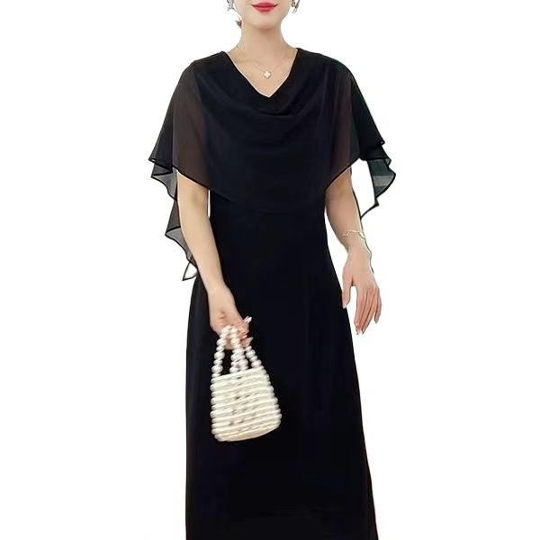 Fekete sifonruha V-nyakú, elegáns, karcsú szabású, középhosszú, nyár 2025
