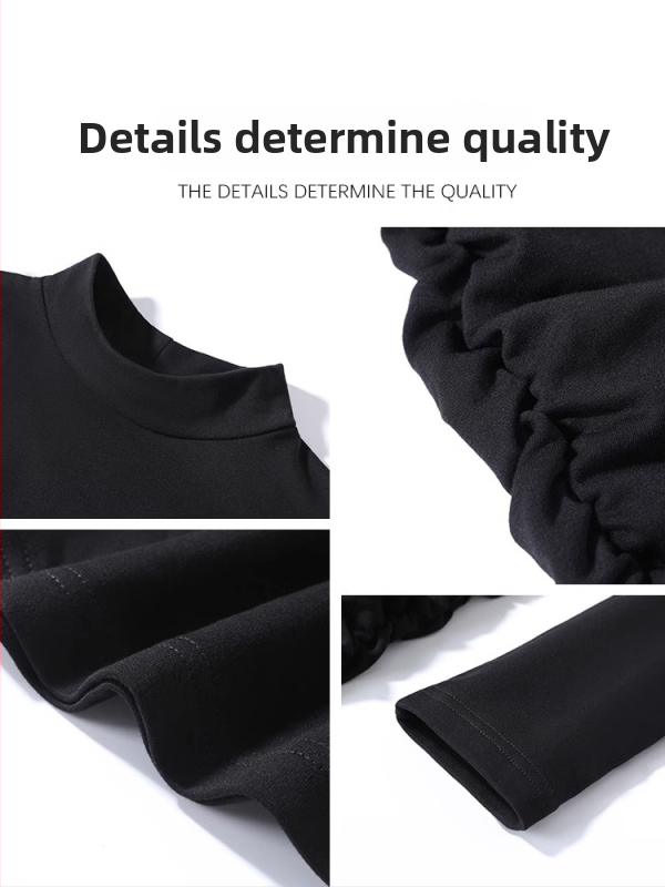 Crna bodycon haljina s podstavom od umjetne kože, pleteni materijal za jesen-zimu, visok pojas, dugi rukavi, pulover stil