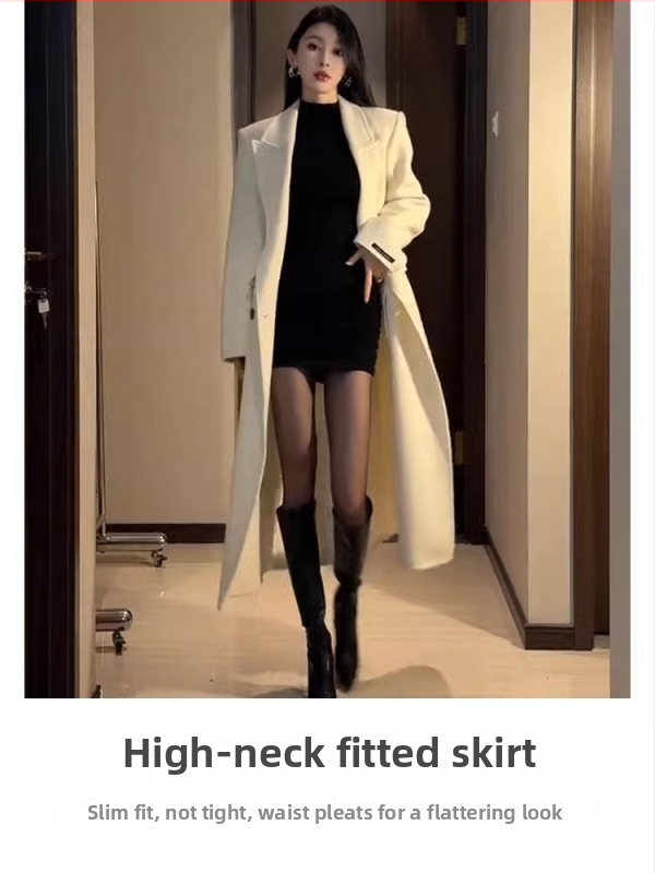 Crna bodycon haljina s podstavom od umjetne kože, pleteni materijal za jesen-zimu, visok pojas, dugi rukavi, pulover stil