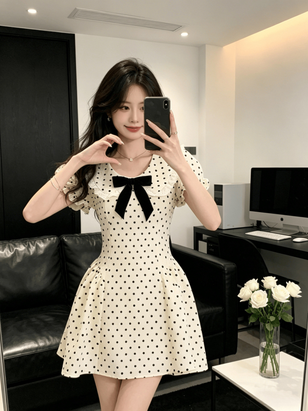 Haljina u stilu Francuske s točkicama i mašnicom za žene, ljetna kratka haljina s naglašenim strukom za vitku siluetu