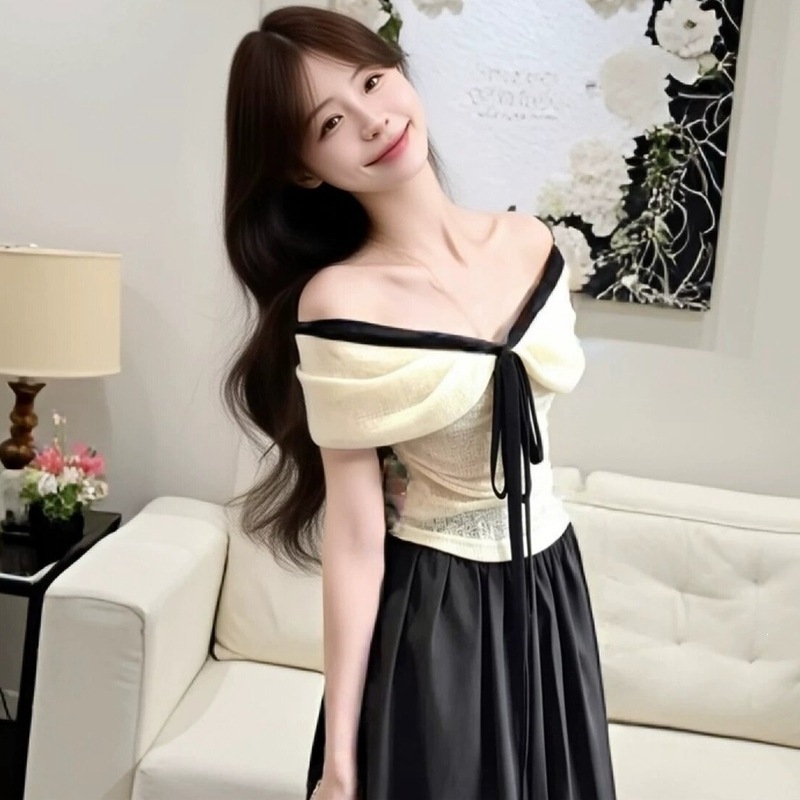 Miu-stílusú váll nélküli ruha szett nőknek, nyár, francia elegáns hosszú ruha