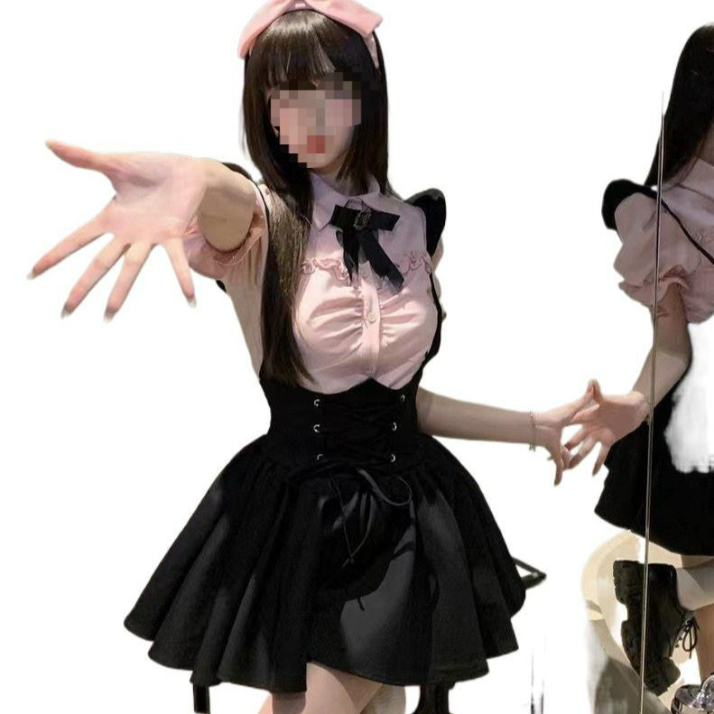Crna haljina s trakicama za žene, ljetni set s pufastom suknjom, sladak Lolita stil