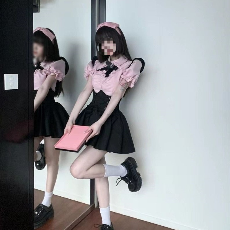 Crna haljina s trakicama za žene, ljetni set s pufastom suknjom, sladak Lolita stil