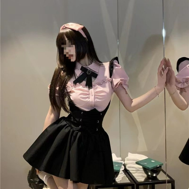 Crna haljina s trakicama za žene, ljetni set s pufastom suknjom, sladak Lolita stil