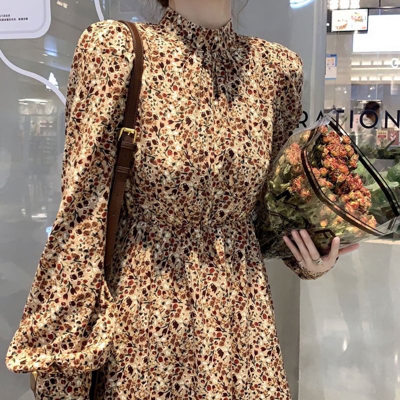 duga haljina s naglačjenim strukom, boemski stil, šifon, jesen-zima, dugi rukavi, visok ovratnik, retro inspiracija, hongkonški stil