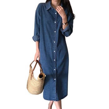 Koreai chic farmeringruha gallérral, laza szabás, hosszú ujjú, női ruha – casual