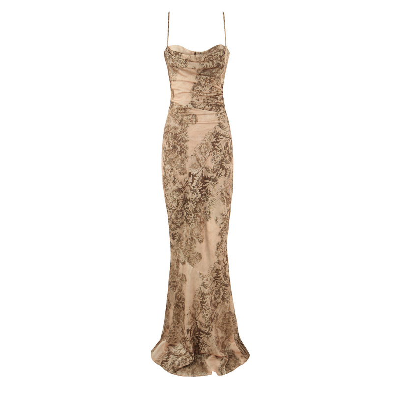 Női szatén maxi ruha arany mintával – téli 2025 estélyi ruha
