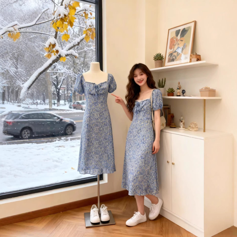 Francuski Hepburn stil, Mori stil: duga haljina s floralnim uzorkom, četvrtasti izrez, maglovito plava boja, ljetna odjeća