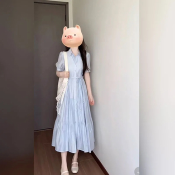 Ženska haljina srednje dužine A-linije, polo ovratnik, kratki rukavi, jednobojna poliester, francuski elegantan stil