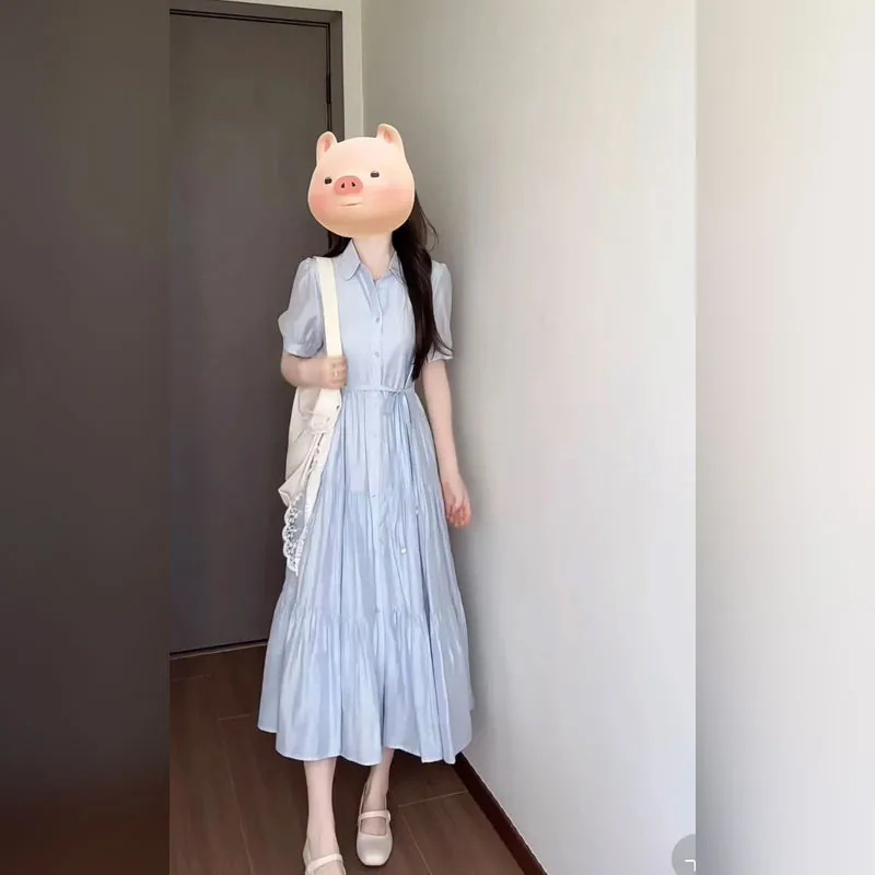 Ženska haljina srednje dužine A-linije, polo ovratnik, kratki rukavi, jednobojna poliester, francuski elegantan stil