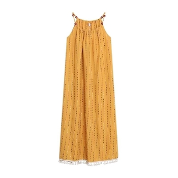Žuta haljina bez rukava s resicama, duga silueta, za odmor na plaži, vintage chic, visokog kvaliteta