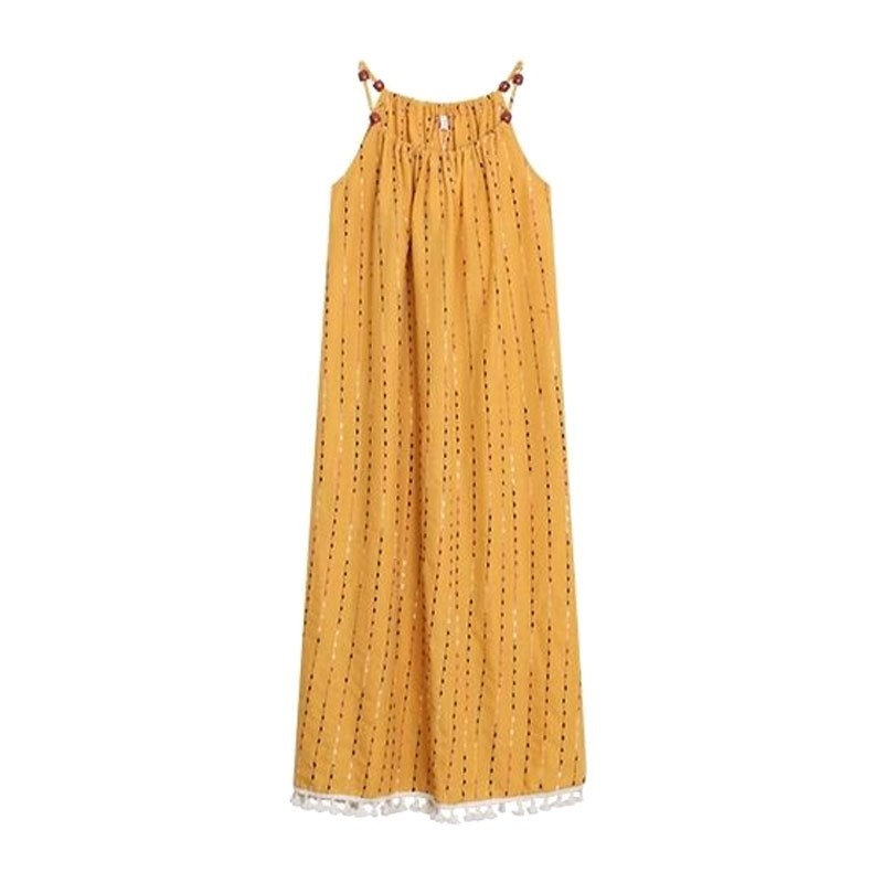 Žuta haljina bez rukava s resicama, duga silueta, za odmor na plaži, vintage chic, visokog kvaliteta