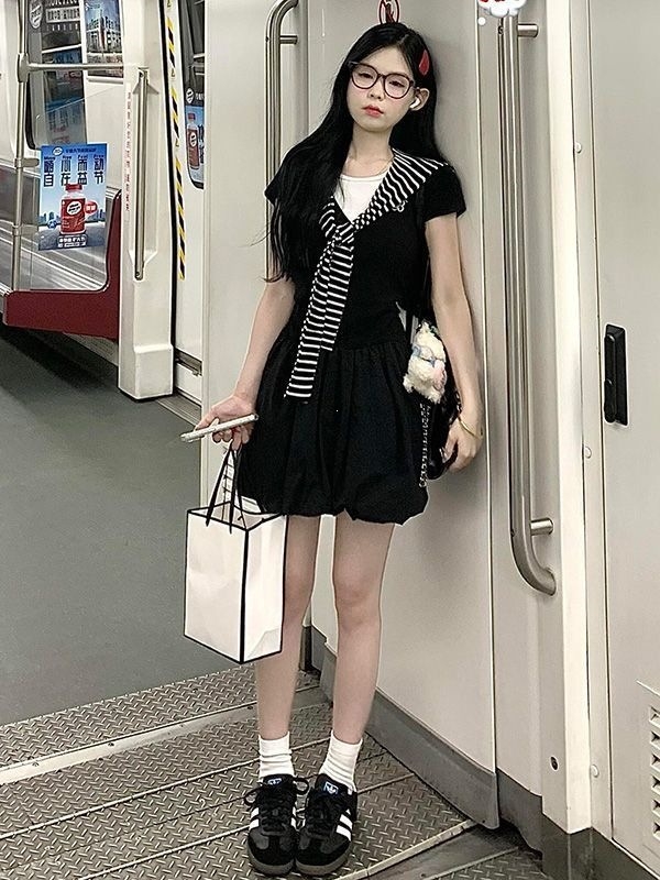 Koreai stílusú édes irodai ruha hamis két darabbal és vállkendővel, puffos szoknyával, nyár, karcsú vonal