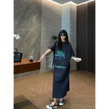 61077# Koreai Dongdaemun nyári minimalist nyomtatású elegáns hétköznapi maxi ruha, kerek nyakú, rövid ujjú