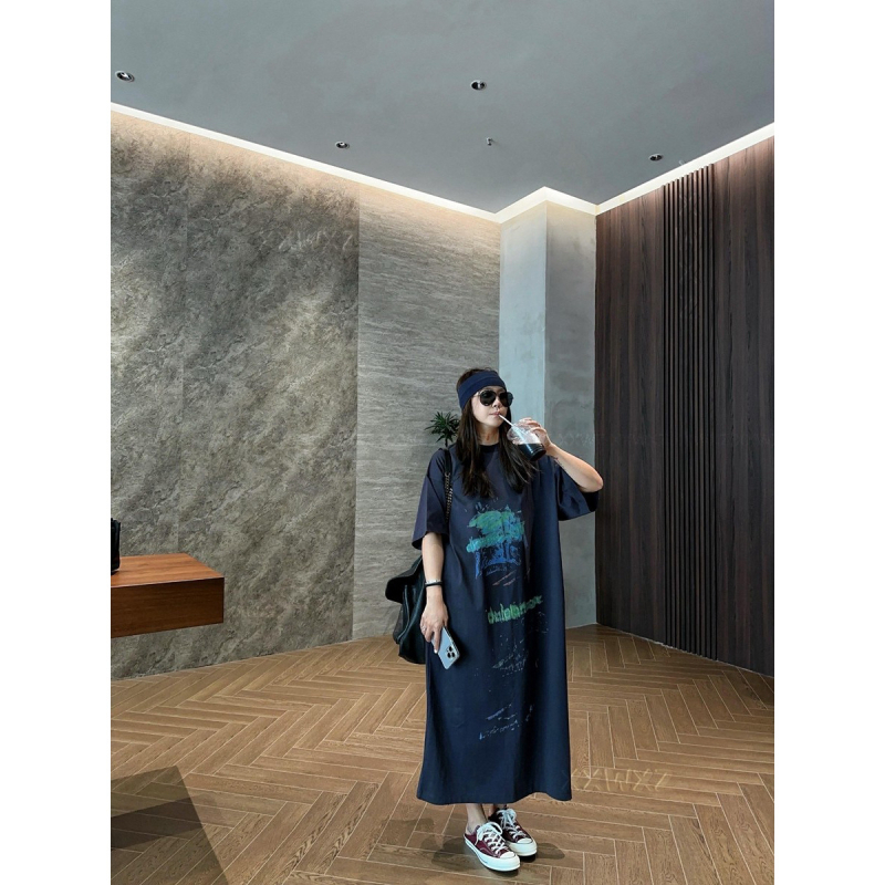 61077# Koreai Dongdaemun nyári minimalist nyomtatású elegáns hétköznapi maxi ruha, kerek nyakú, rövid ujjú
