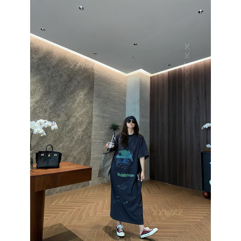 61077# Koreai Dongdaemun nyári minimalist nyomtatású elegáns hétköznapi maxi ruha, kerek nyakú, rövid ujjú