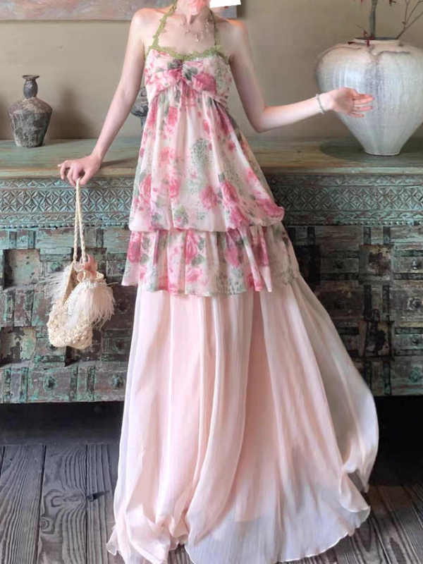 WalkinDark Cherry Pear Blossom cvjetni: halter top i haljina, dvodijelni set s A-linijom suknje, za žene, ljeto