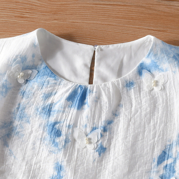 Ručno izrađena haljina s tie-dye u francuskom stilu, ženska ljetna haljina, iluzija dvodijelnog izgleda, leptir motiv, srednje duljine