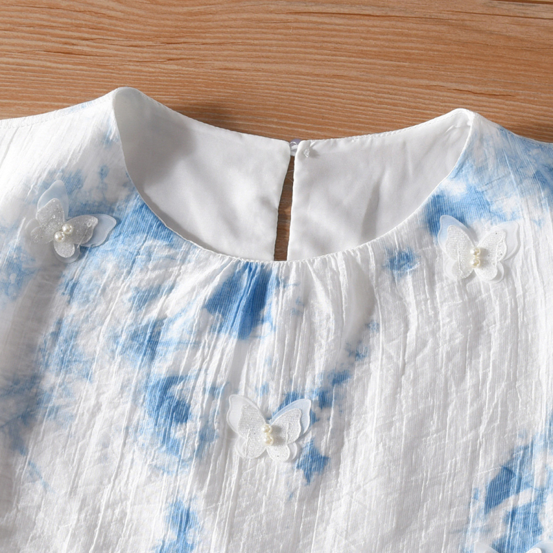 Ručno izrađena haljina s tie-dye u francuskom stilu, ženska ljetna haljina, iluzija dvodijelnog izgleda, leptir motiv, srednje duljine