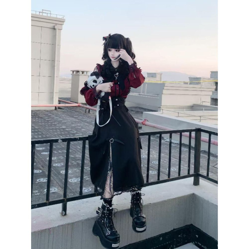 Ženski dvodijelni Lolita set: bluza s čipkom u japanskom stilu i suknja s visokim strukom