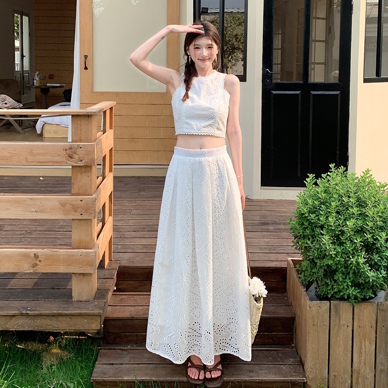 Korejskog stila bez rukava šivana haljina s visokim strukom i A-linijom, elegantan dvodijelni set za odmor, duga haljina