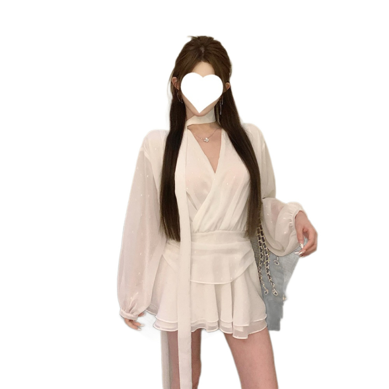 Chiffon hosszú ujjú ruha V-nyakkal, plusz méret, laza, szexi stílus, A-vonalú midi hossz