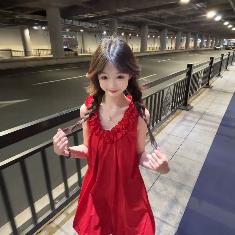 Koreai stílusú, édes, mini piros virágos ruha nyakpántos kivitel, nyárra