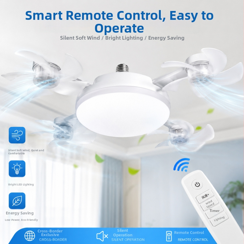 Tichý integrovaný stropný ventilátor E27 so svetlom, diaľkovo ovládaný multifunkčný domáci ventilátor