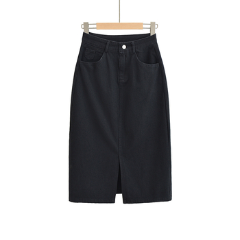 CL2275-22 Téli denim szoknya, magas derekú, A-vonal, hasított szegéllyel, egyszínű, egygombos