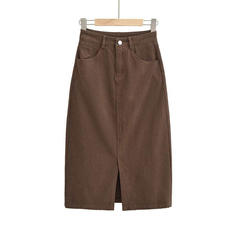 CL2275-22 Téli denim szoknya, magas derekú, A-vonal, hasított szegéllyel, egyszínű, egygombos
