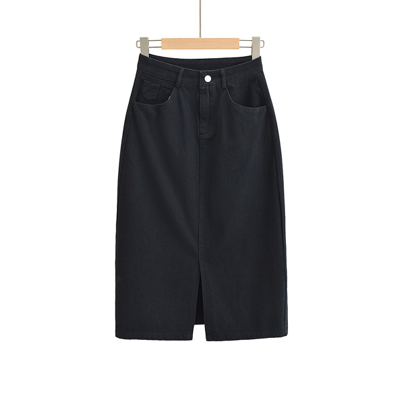 CL2275-22 Téli denim szoknya, magas derekú, A-vonal, hasított szegéllyel, egyszínű, egygombos