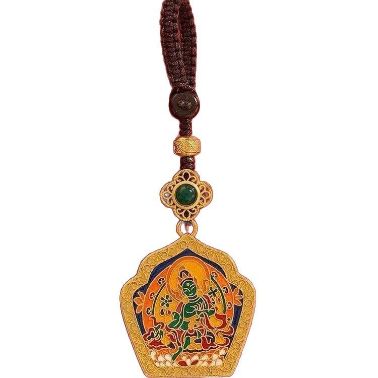 Tibetanski stil: bakreni privjesak za ključeve s Thangka motivom Zelenog Tare i Guanyin Bodhisattva za mir, s pozlaćenim završnim slojem, unisex.