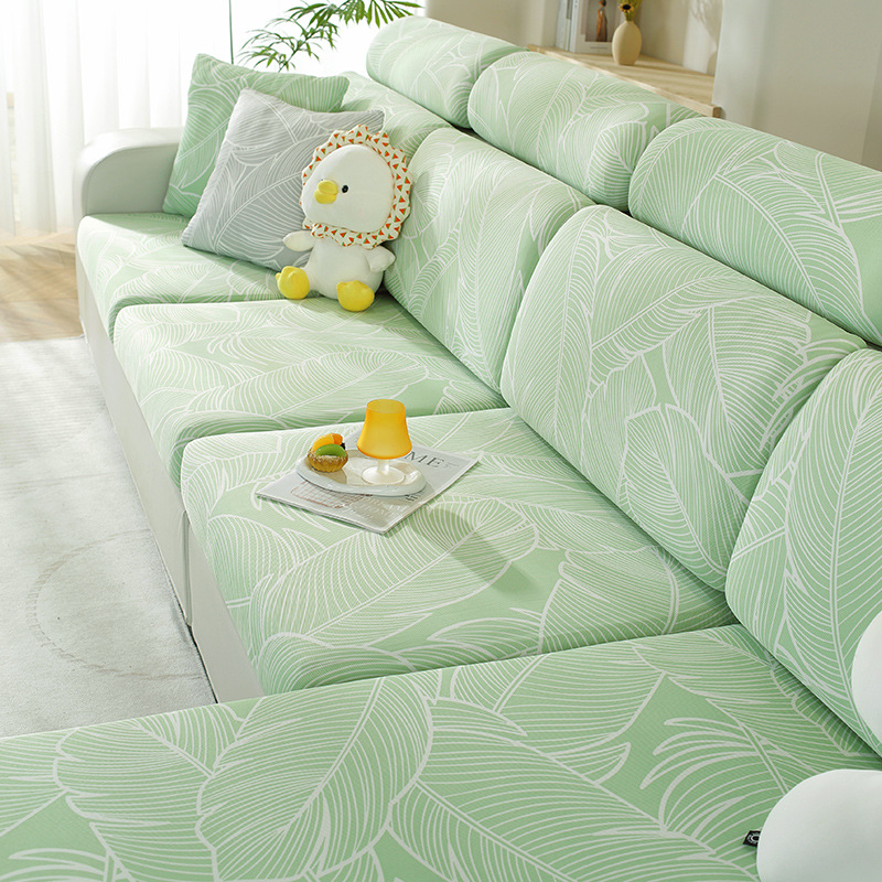 Navlaka za kauč za ljeto, potpuno pokriće, univerzalna veličina, moderni minimalistički stil, elastična, tkanina ice silk s uzorcima listova i pruga