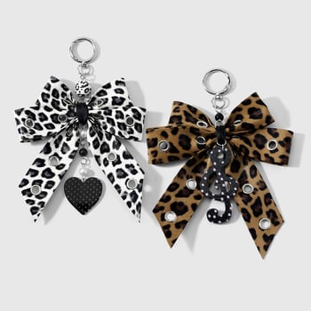Breloch din piele cu imprimeu leopard multicolor, stil vintage retro, fundă, notă muzicală și pandantiv inimă