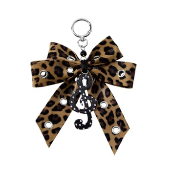 Breloch din piele cu imprimeu leopard multicolor, stil vintage retro, fundă, notă muzicală și pandantiv inimă